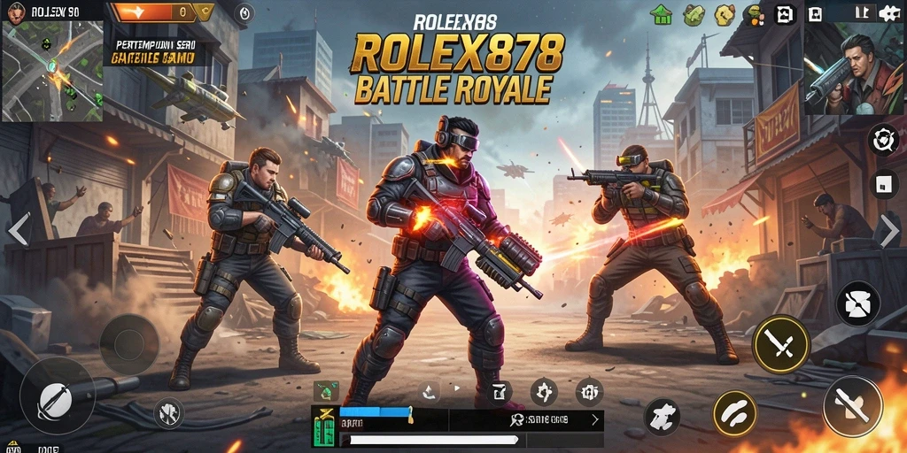 Tampilan gameplay seru dan strategi dalam ROLEX878 Battle Royale.